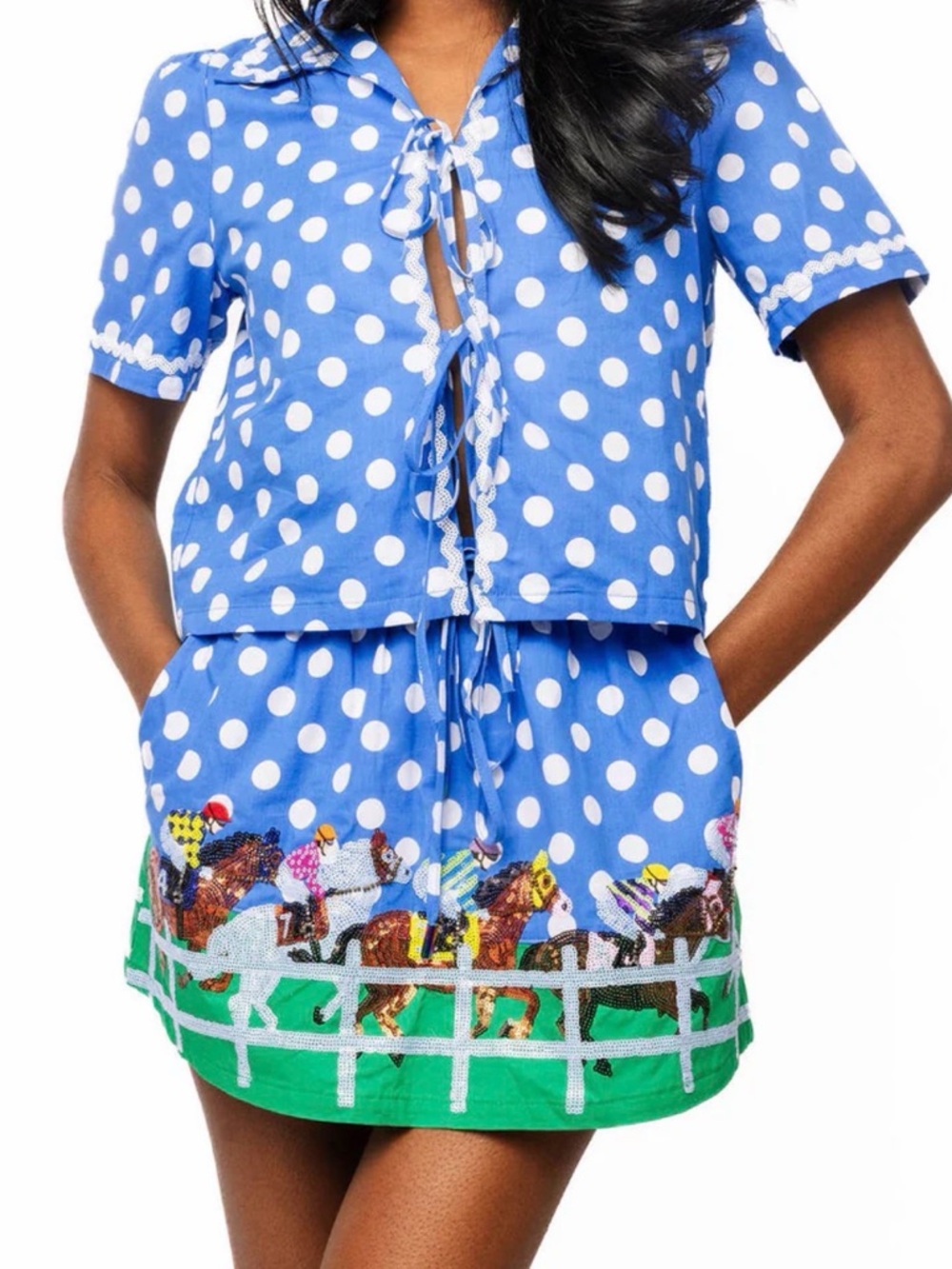 Blue Polka Dot Two-Piece Top & Skirt Set with Horse Race Border